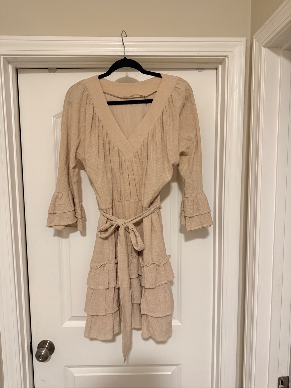 ANDREE BY UNIT Beige Tiered Ruffle V-Neck Dress with Self Tie